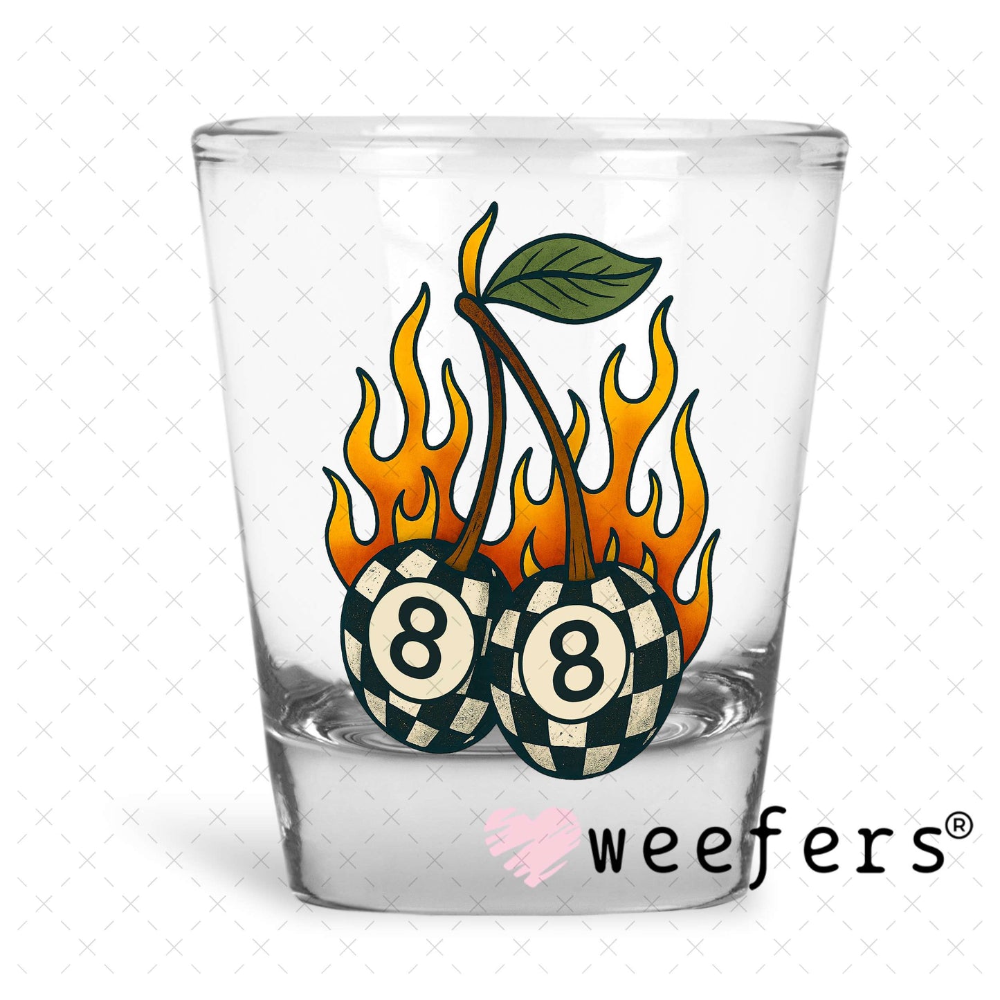 Fire Flam Eightball Cherries UV DTF Decal Shot Glass Heavy Base Weefers