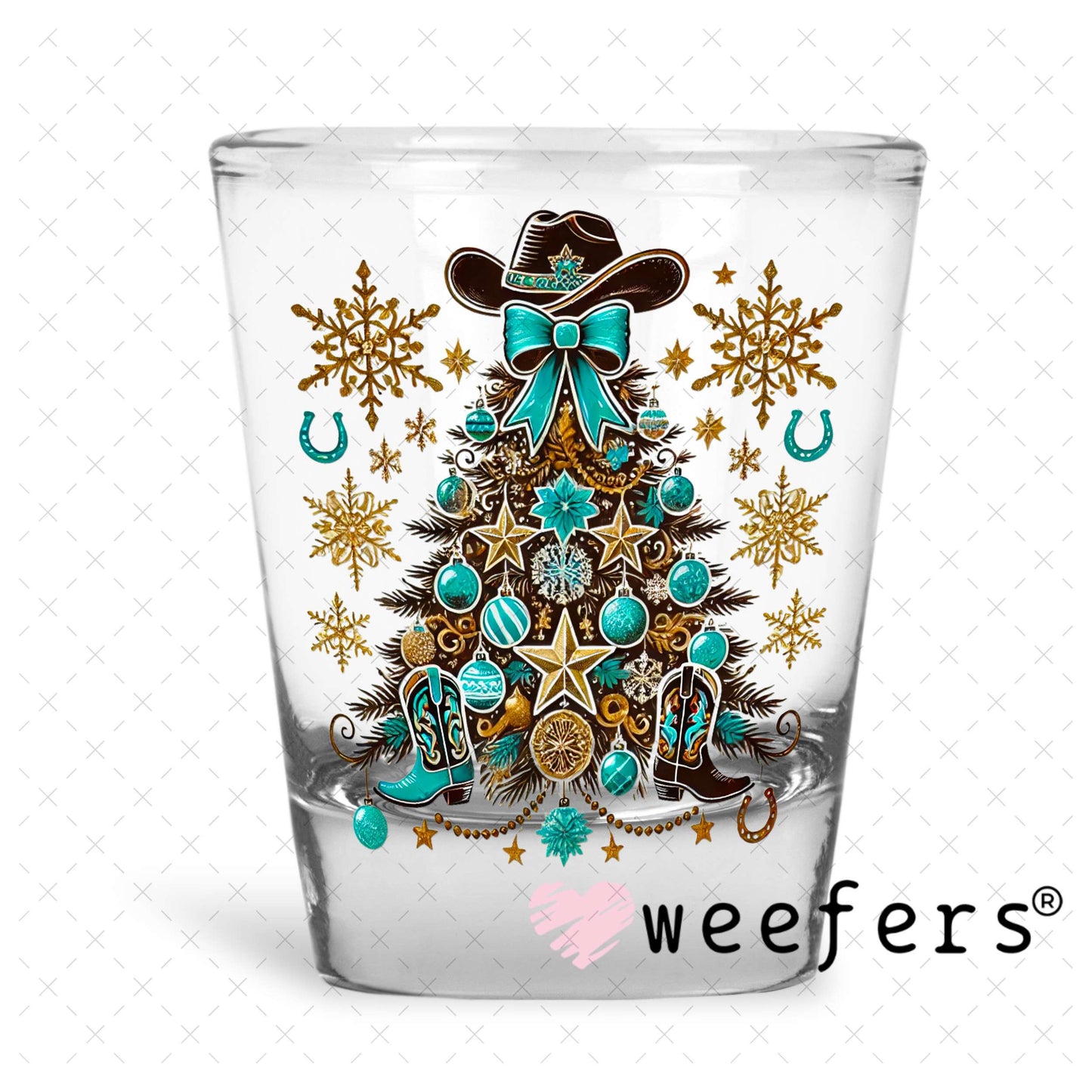 Western Christmas Tree Gold Turquoise UV DTF Decal Shot Glass Heavy Base Weefers