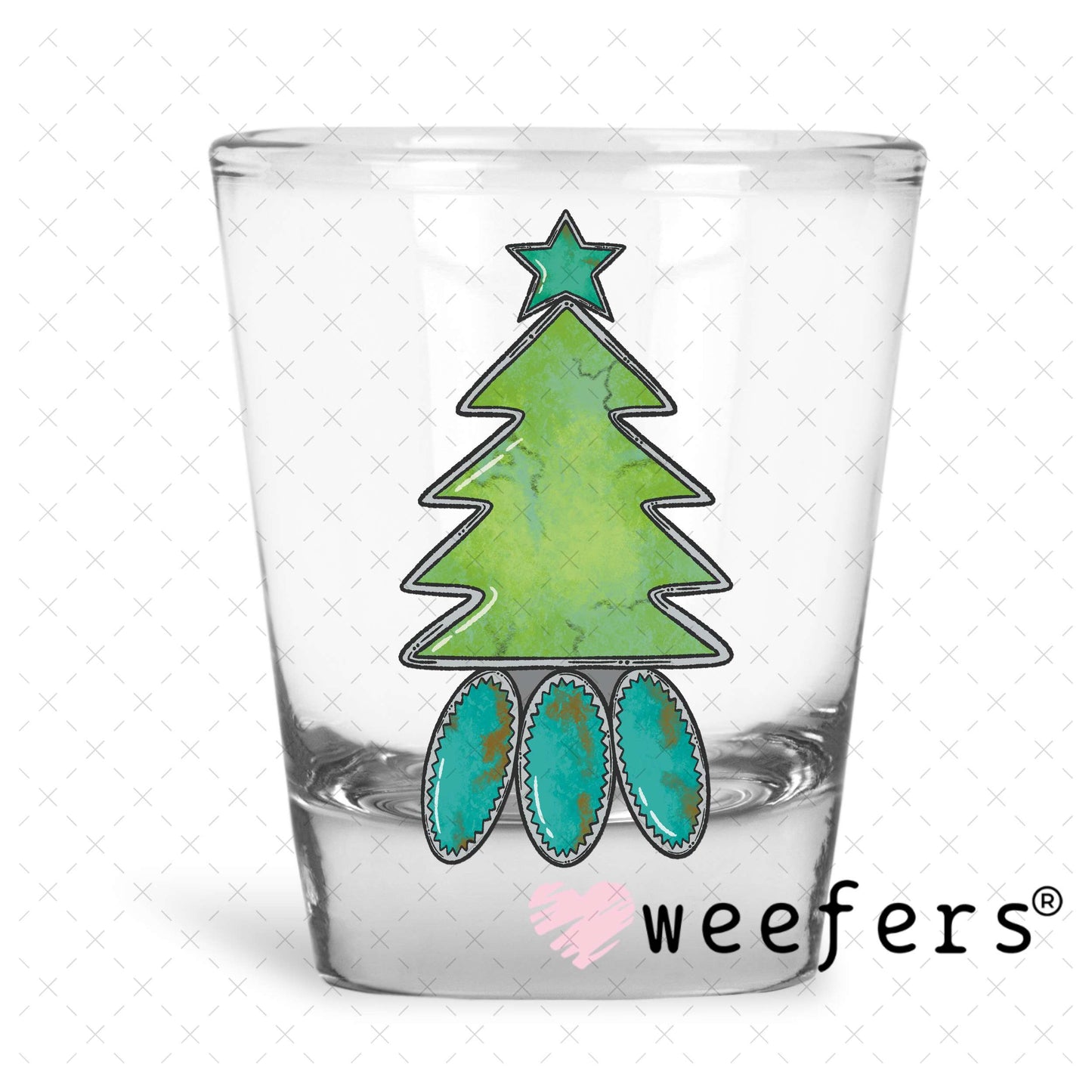Turquoise Christmas Tree UV DTF Decal Shot Glass Heavy Base Weefers