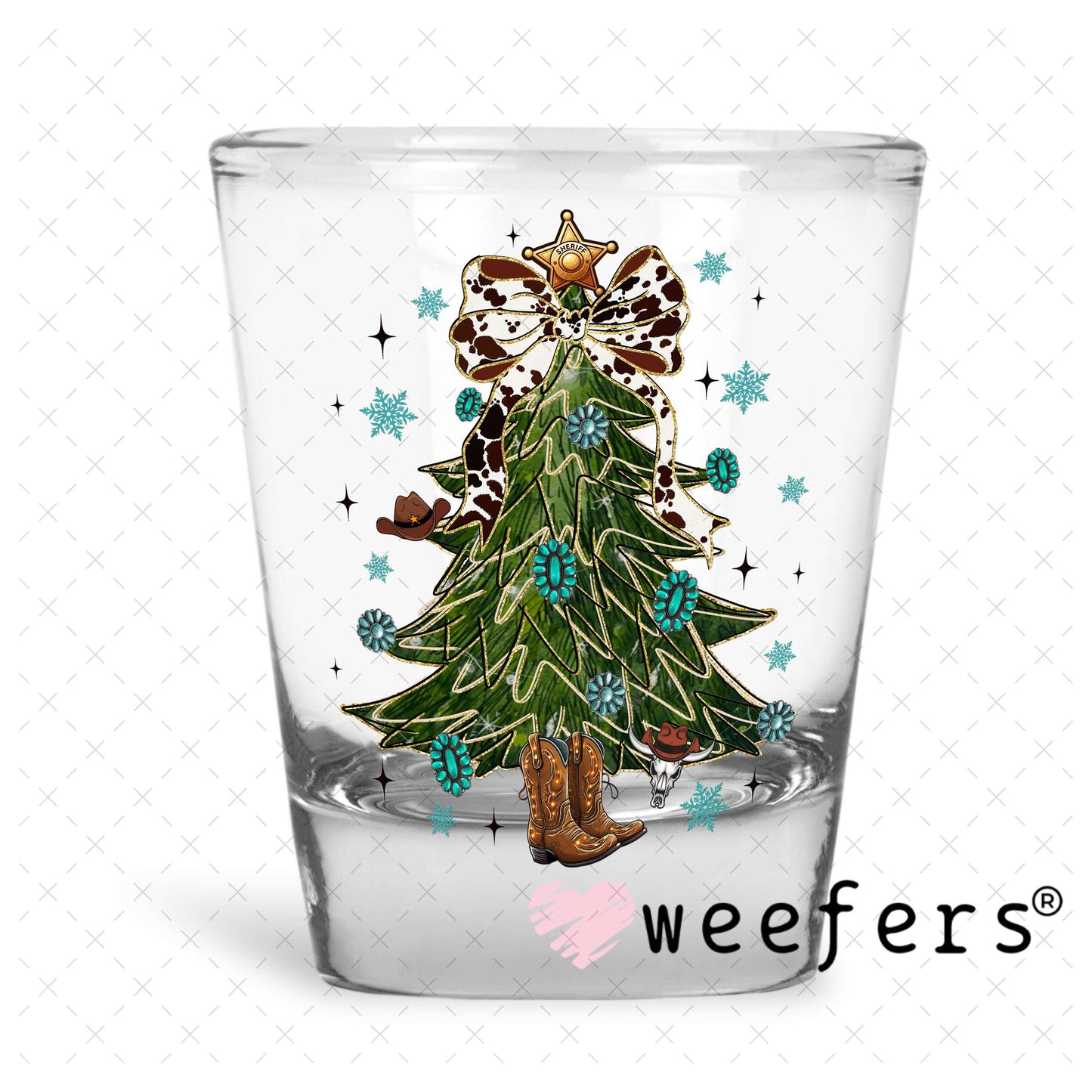 Western Christmas Tree Cowboy Boot Stump UV DTF Decal Shot Glass Heavy Base Weefers