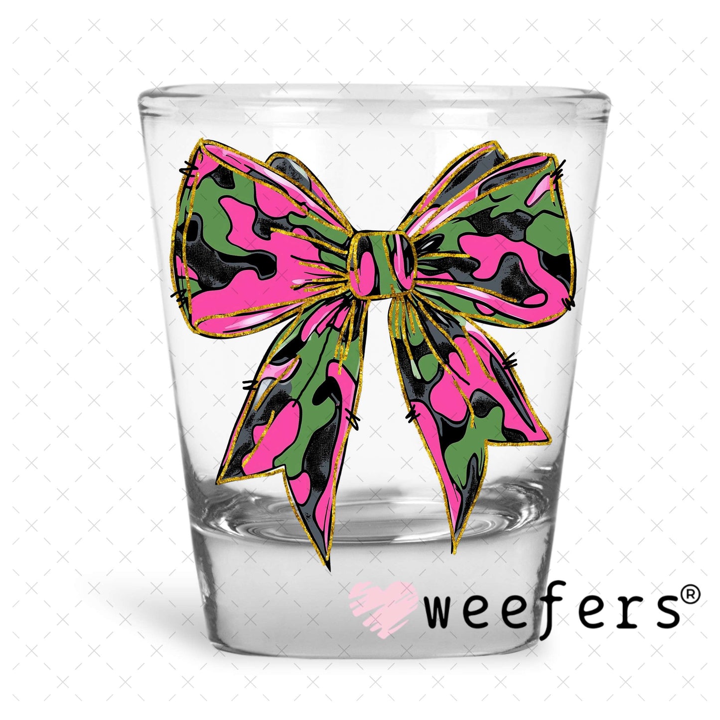Pink Camo Bow UV DTF Decal Shot Glass Heavy Base Weefers