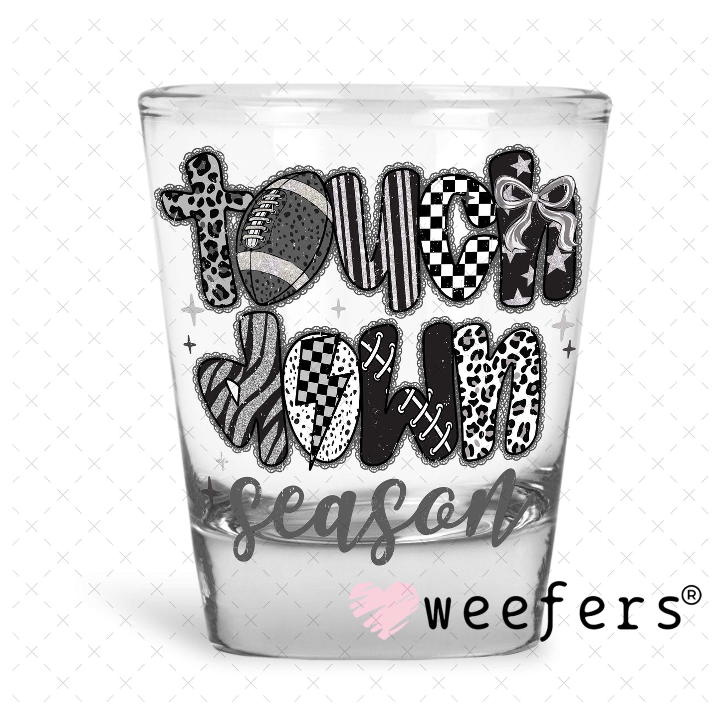 Touch Down Black Lace UV DTF Decal Shot Glass Heavy Base Weefers