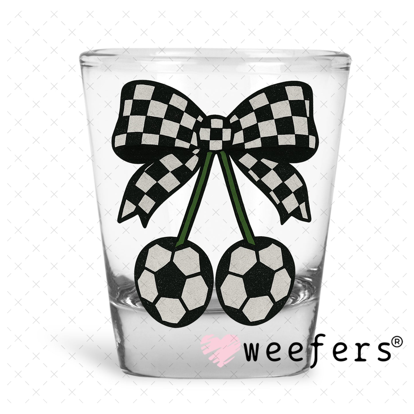 Soccer Cherry Checkered Bow UV DTF Decal Shot Glass Heavy Base Weefers