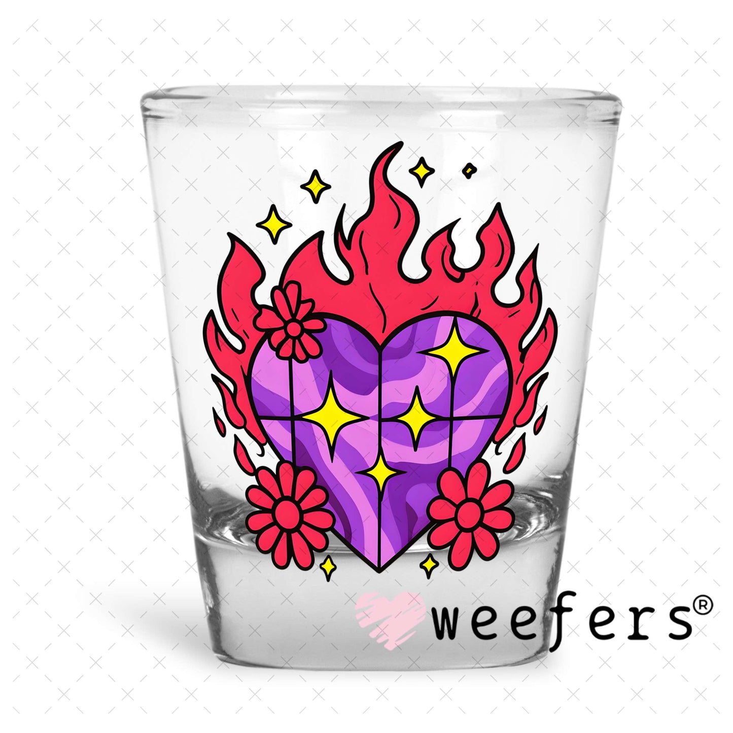 Purple Fire Heart UV DTF Decal Shot Glass Heavy Base Weefers