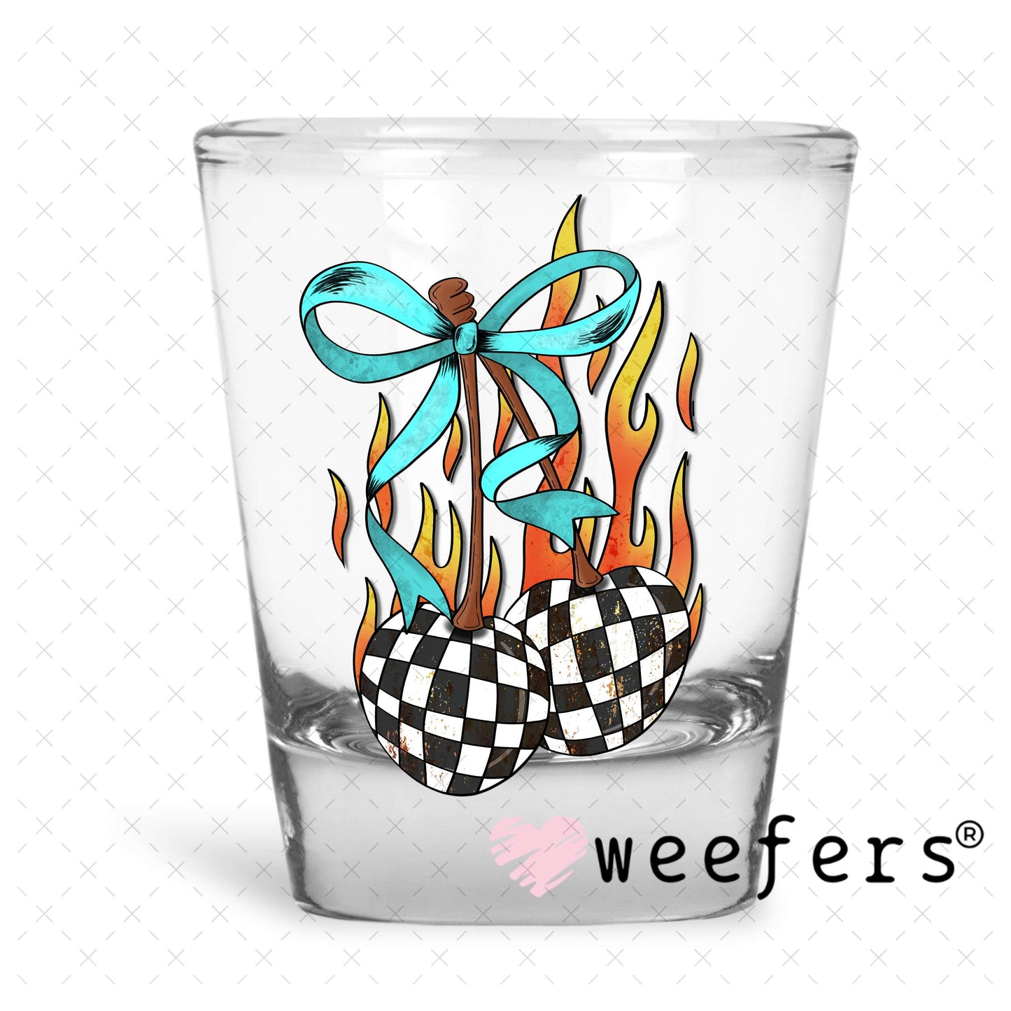 Checkered Cherries with Teal Bow UV DTF Decal Shot Glass Heavy Base Weefers