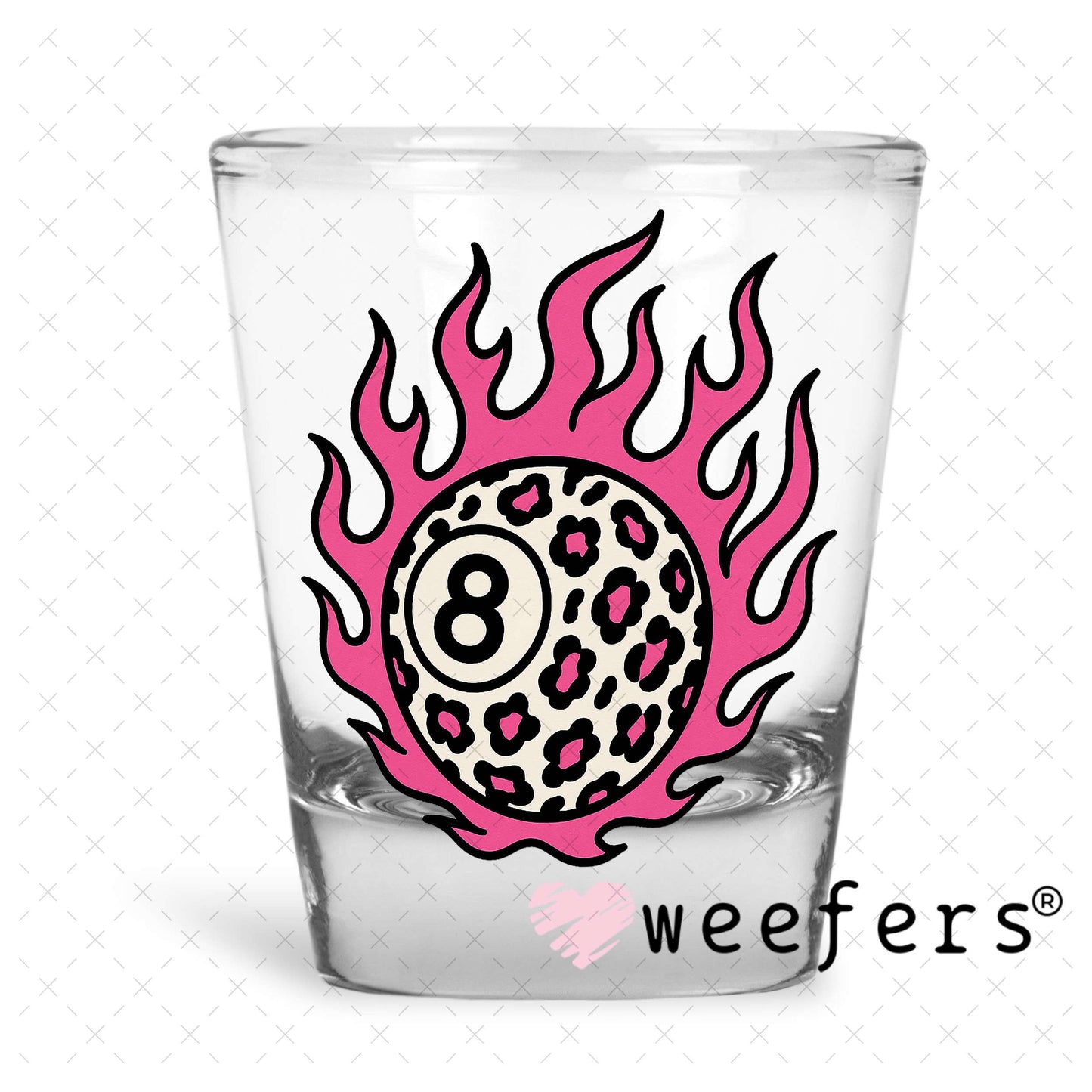 UV DTF Decal - Pink Flame Cheetah 8 Ball Shot Glass Heavy Base Weefers