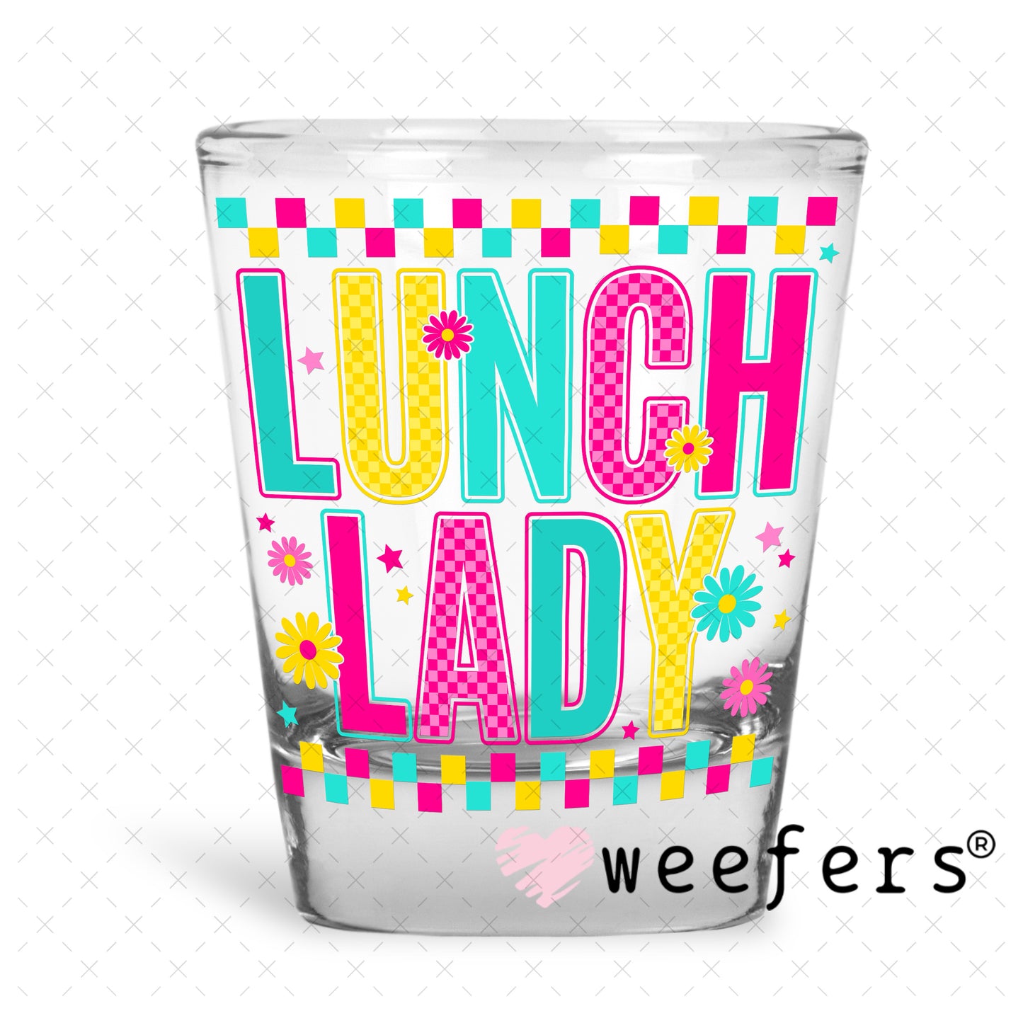 UV DTF Decal - Lunch Lady Magenta Teal Shot Glass Heavy Base Weefers