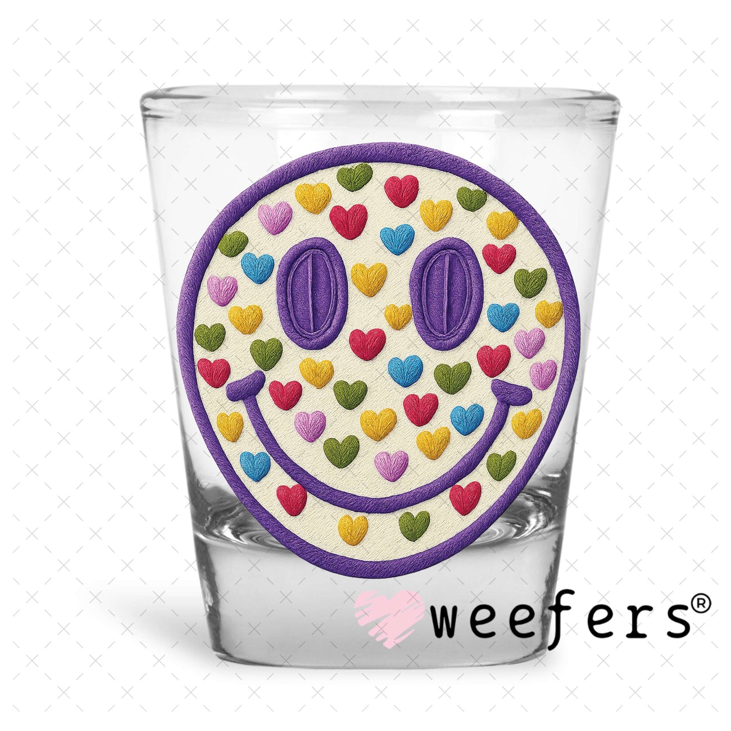 UV DTF Decal - Smiley Face Purple and Colored Hearts Shot Glass Heavy Base Weefers
