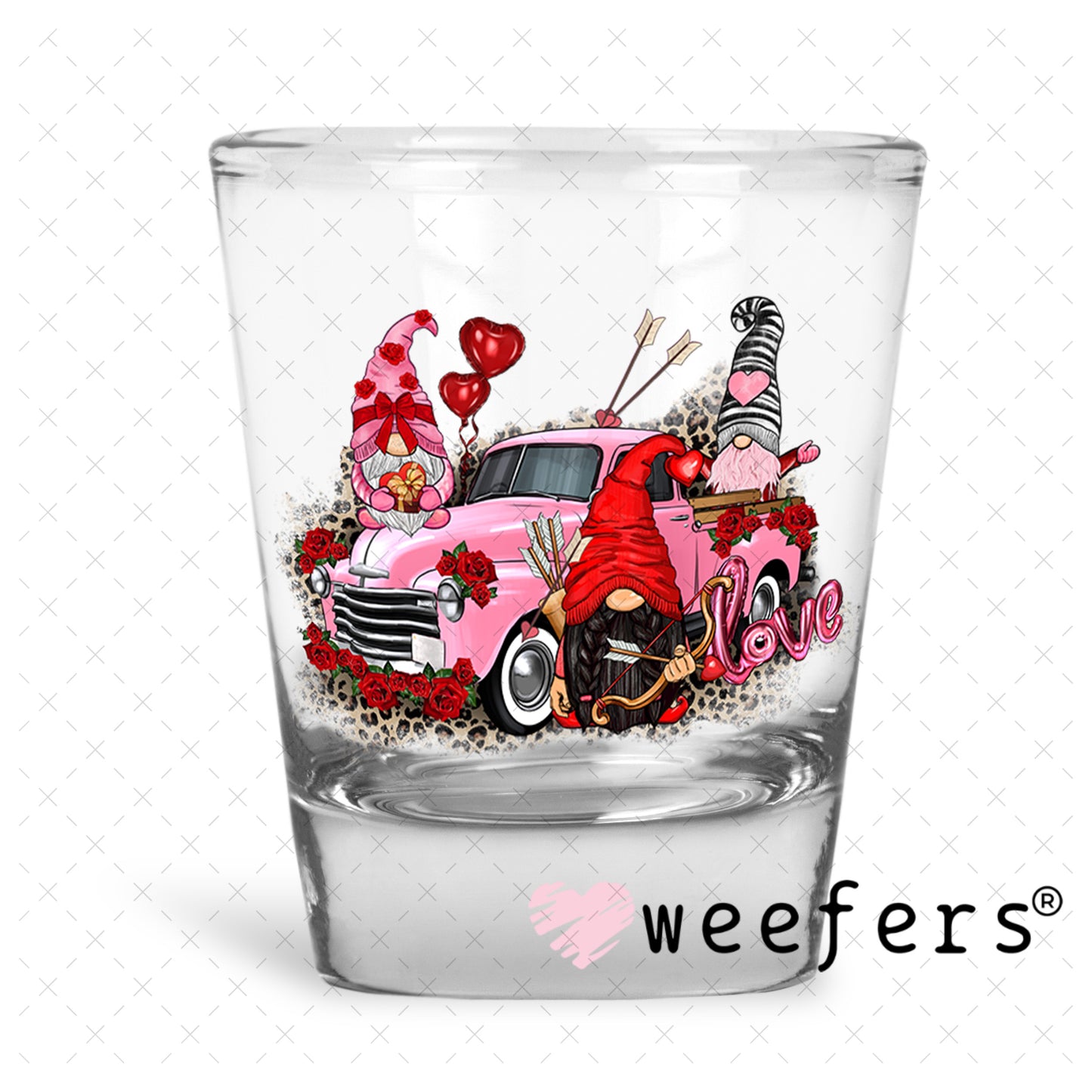UV DTF Decal - Gnomes Pink Truck Valentine's Day Shot Glass Heavy Base Weefers