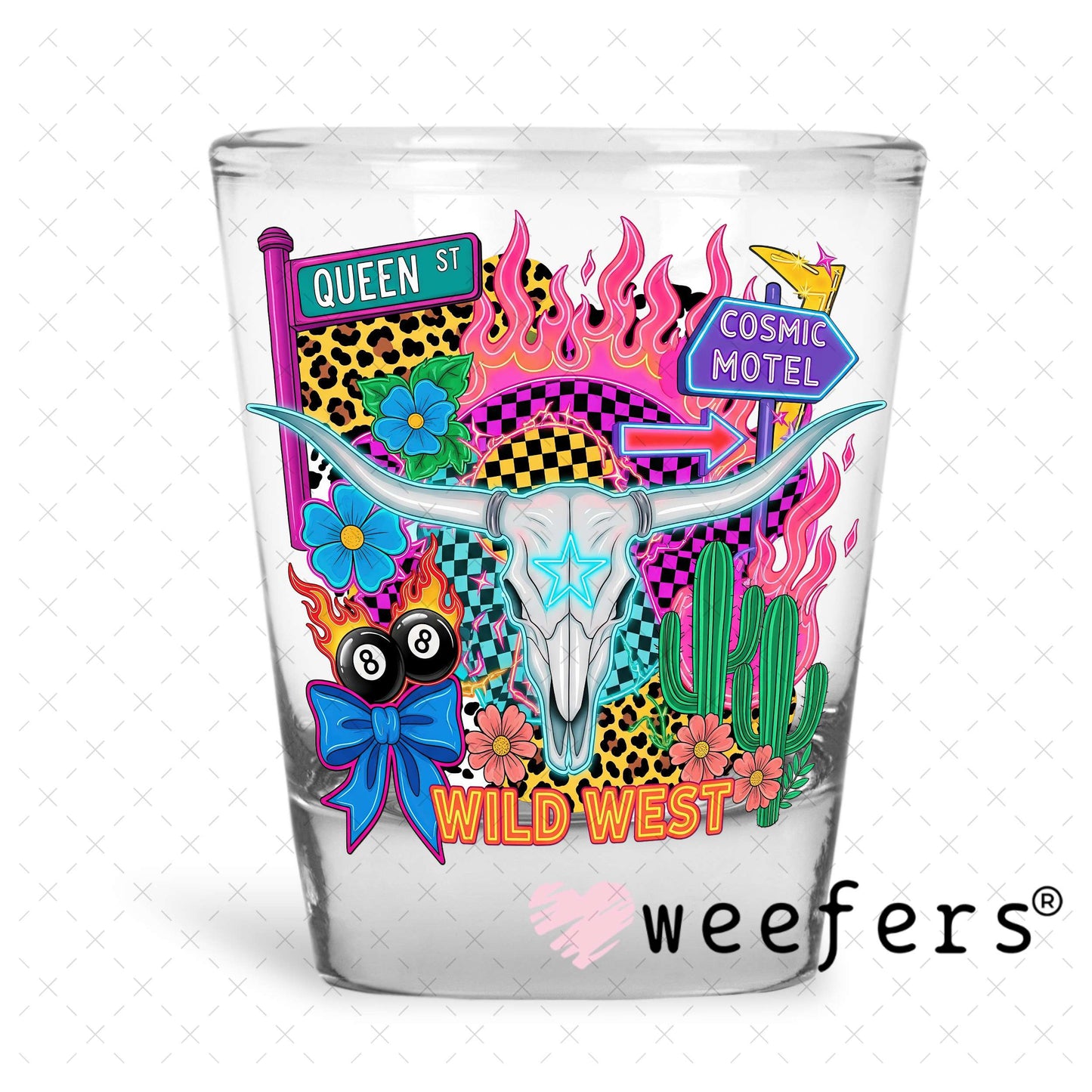 UV DTF Decal - Cosmic Hotel Wesern Shot Glass Heavy Base Weefers
