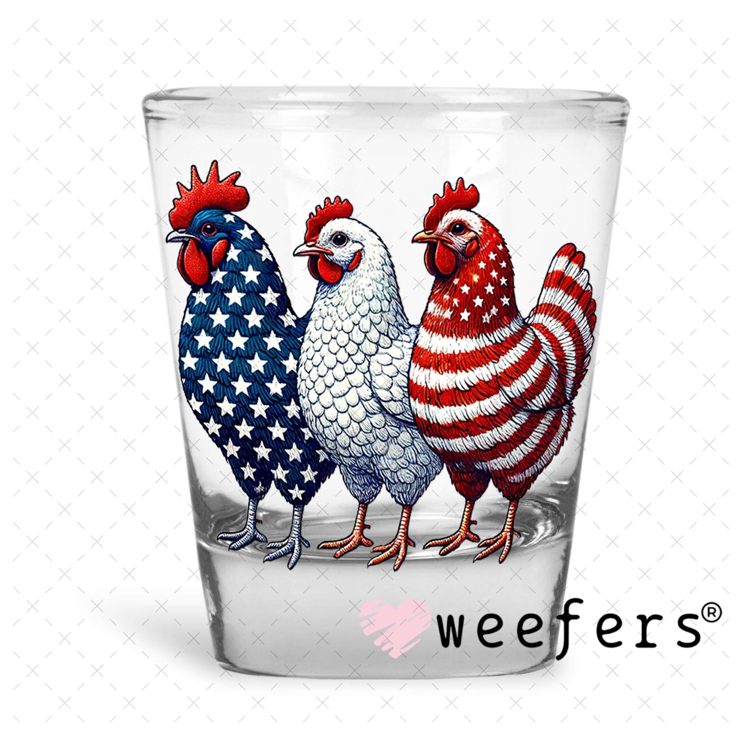 UV DTF Decal - Patriotic Chickens 4th of July Shot Glass Heavy Base Weefers