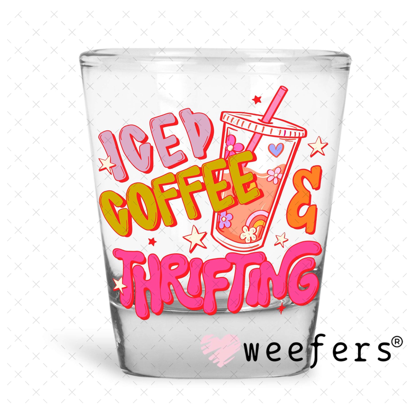 UV DTF Decal - Iced Coffee and Thrifting Shot Glass Heavy Base Weefers