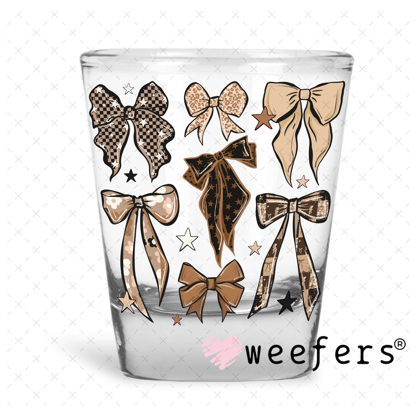 UV DTF Decal - Brown Leopard Checkered Bows Shot Glass Heavy Base Weefers