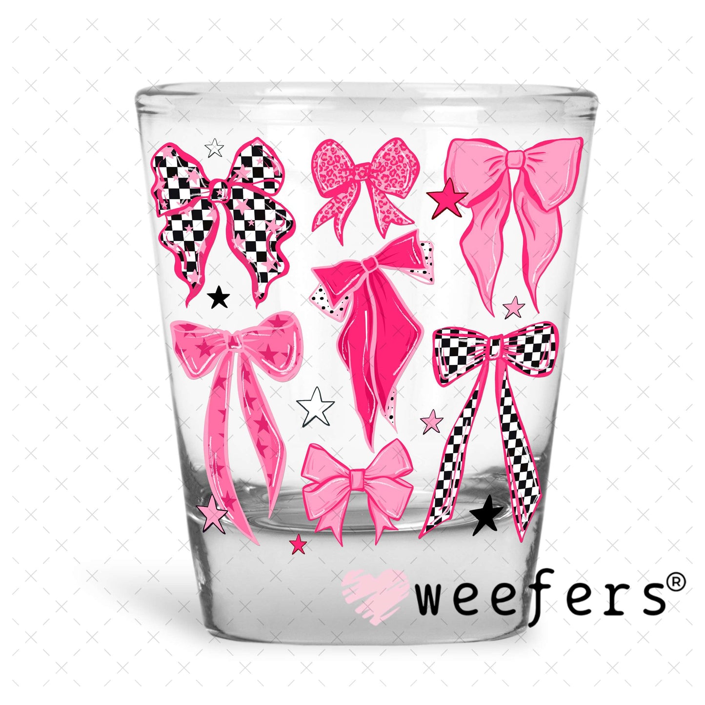 UV DTF Decal - Pink Checkered Bows Shot Glass Heavy Base Weefers