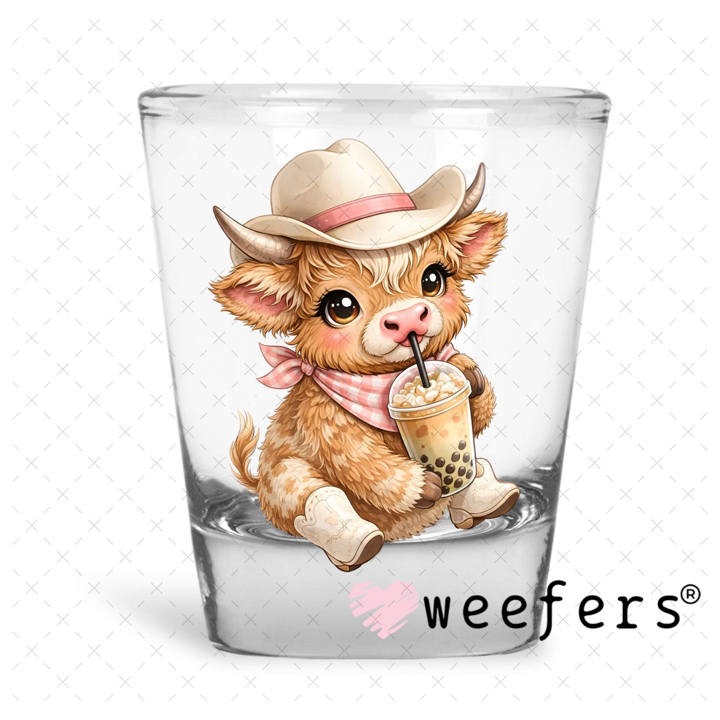 UV DTF Decal - Brown Cowgirl Cow Boba Shot Glass Heavy Base Weefers