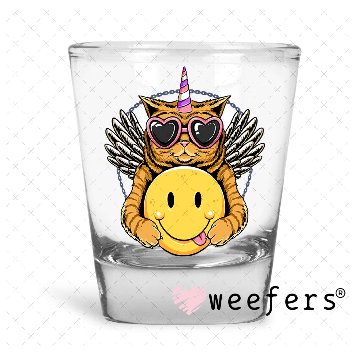 UV DTF Decal - Cat Hugging Smiley Face Shot Glass Heavy Base Weefers