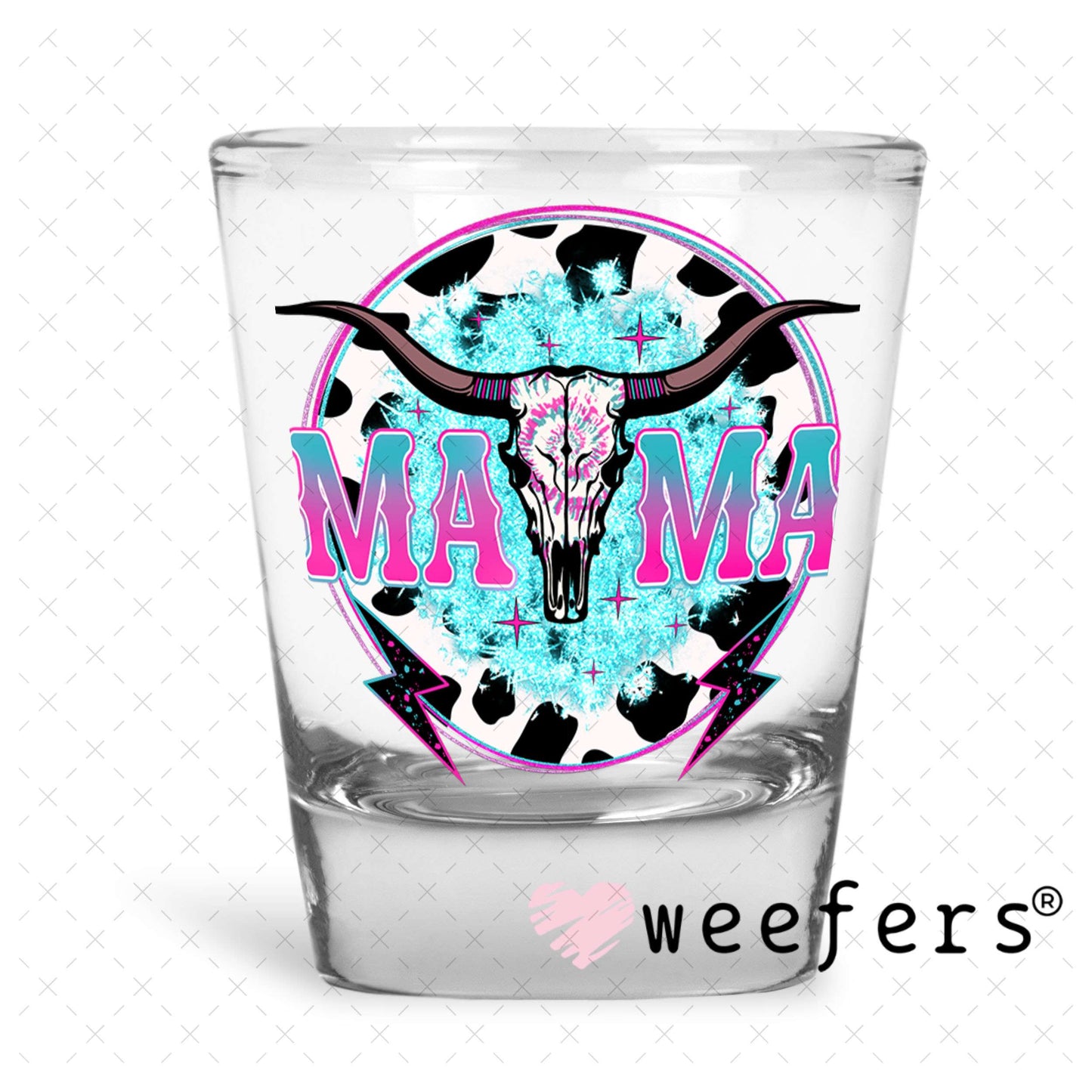 UV DTF Decal - Mama Cow Skull Teal and Pink Shot Glass Heavy Base Weefers