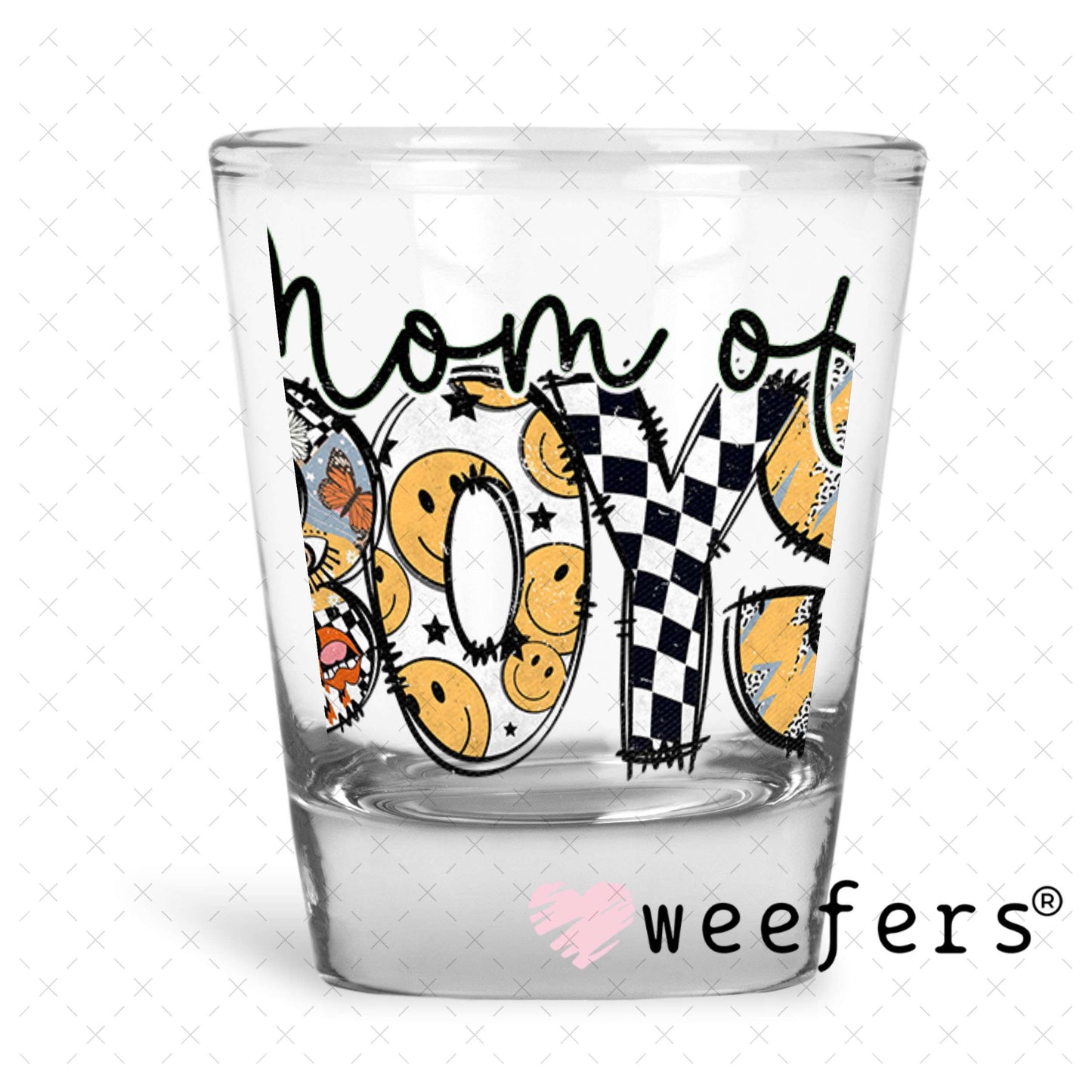 UV DTF Decal - Mom of Boys Checkered Shot Glass Heavy Base Weefers