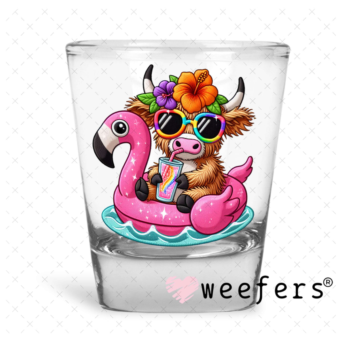 UV DTF Decal - Floating Highlander Cow Shot Glass Heavy Base Weefers
