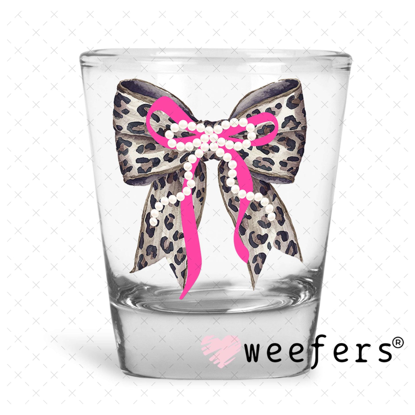 UV DTF Decal - Black Pink Pearl Leopard Bow Shot Glass Heavy Base Weefers