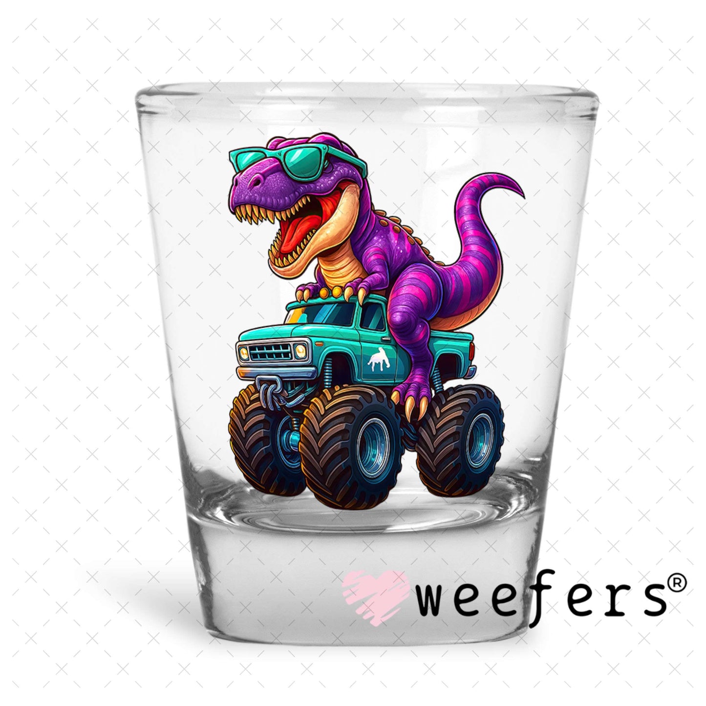 UV DTF Decal - Purple Dinosaur Monster Truck Shot Glass Heavy Base Weefers