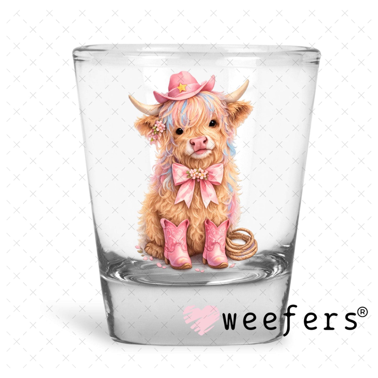 UV DTF Decal - Pink Cowgirl Cow Shot Glass Heavy Base Weefers