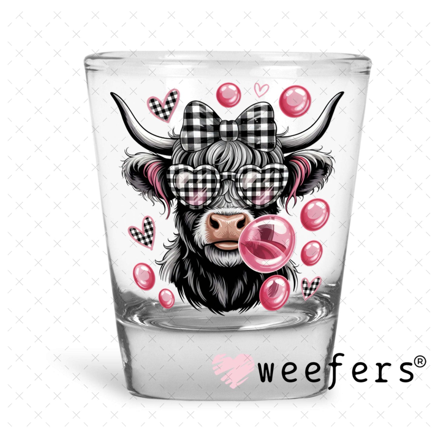 UV DTF Decal - Black and Pink Cow Bubbles Shot Glass Heavy Base Weefers