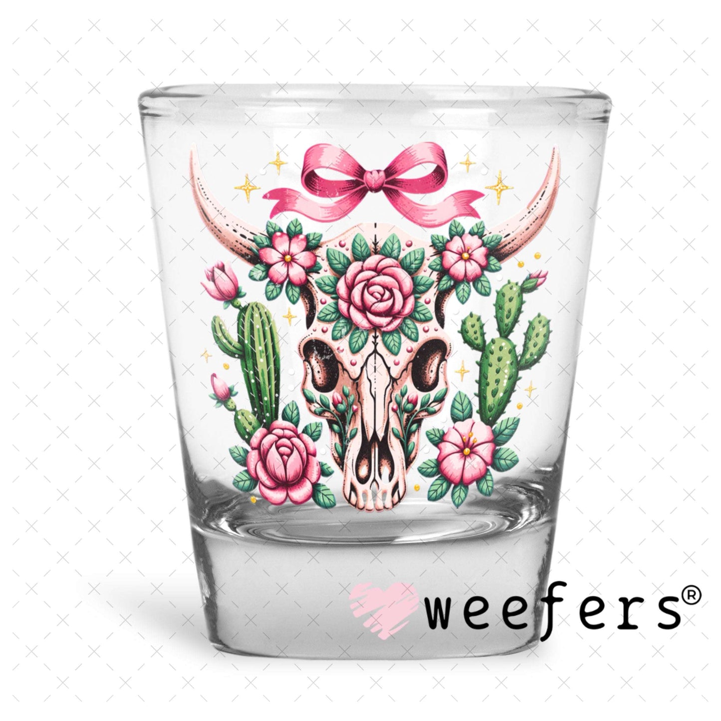 UV DTF Decal - Teal Cow Skull Shot Glass Heavy Base Weefers