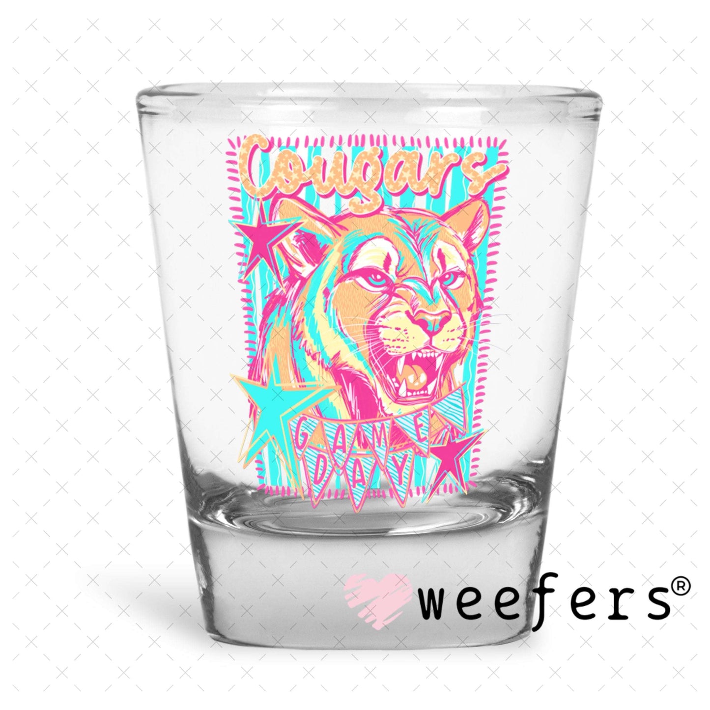 UV DTF Decal - Cougars Game Day Colorful Mascot Shot Glass Heavy Base Weefers