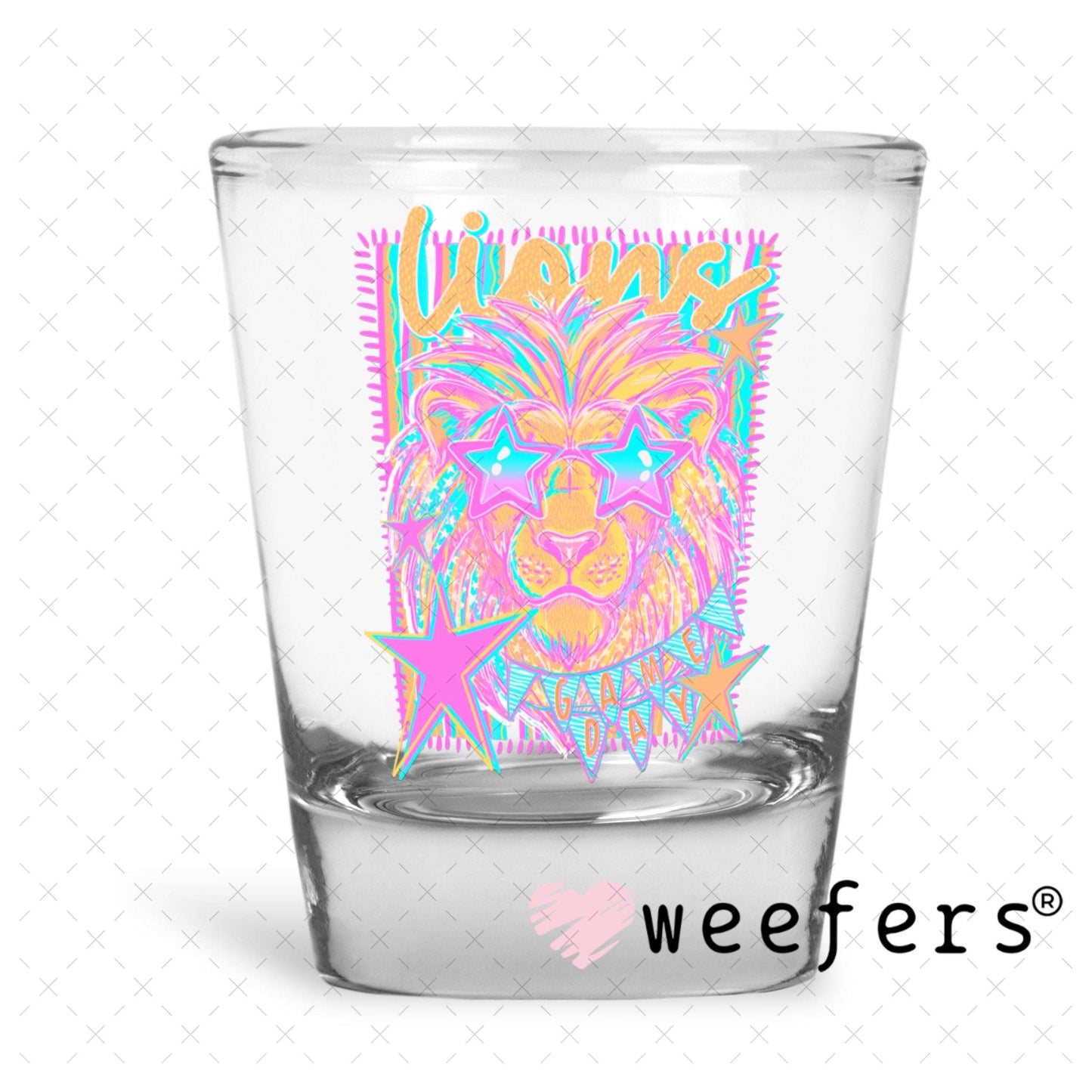 UV DTF Decal - Lions Game Day Colorful Mascot Shot Glass Heavy Base Weefers