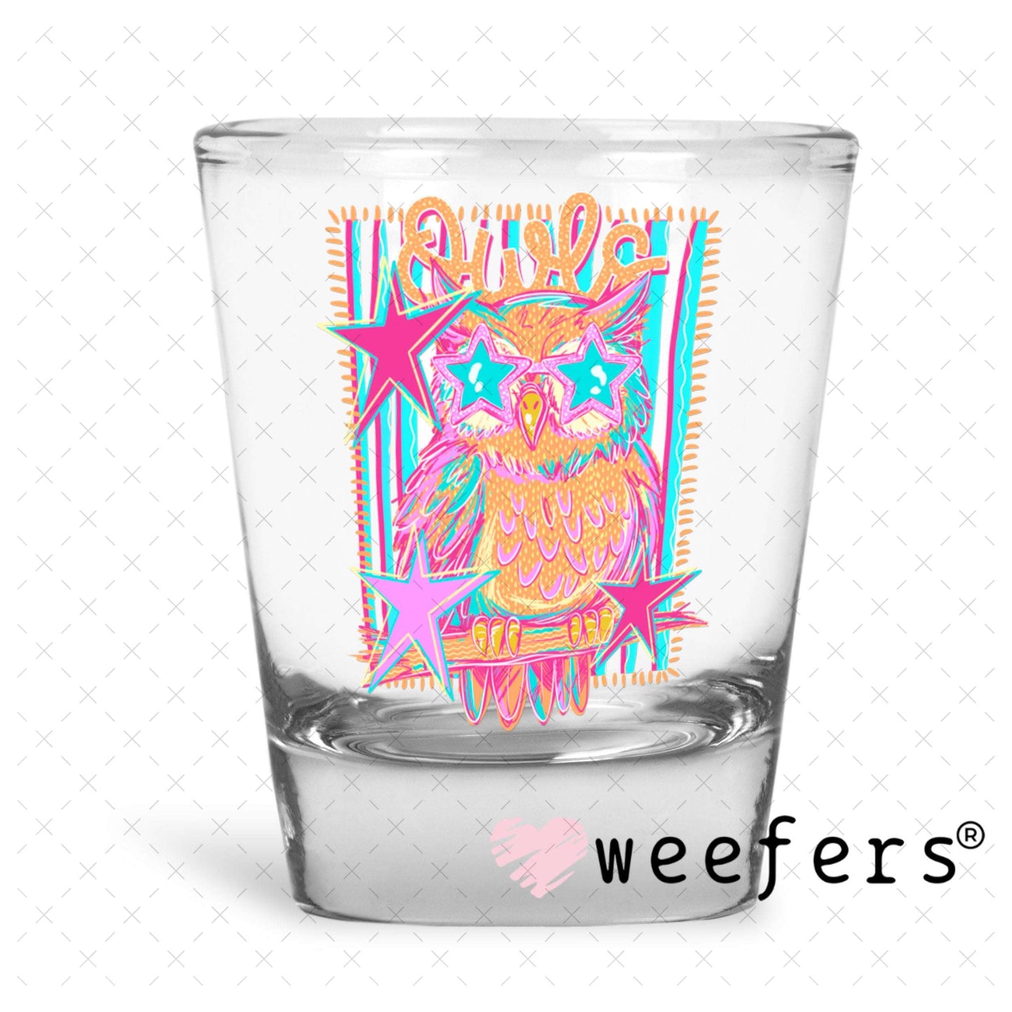 UV DTF Decal - Owls Colorful Mascot Shot Glass Heavy Base Weefers