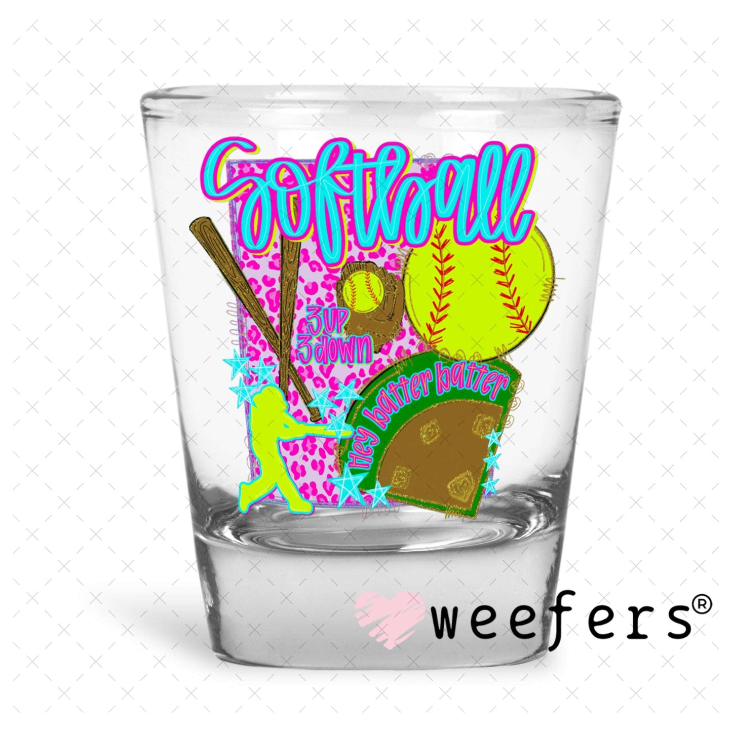 UV DTF Decal - Softball 3 Up 3 Down Shot Glass Heavy Base Weefers