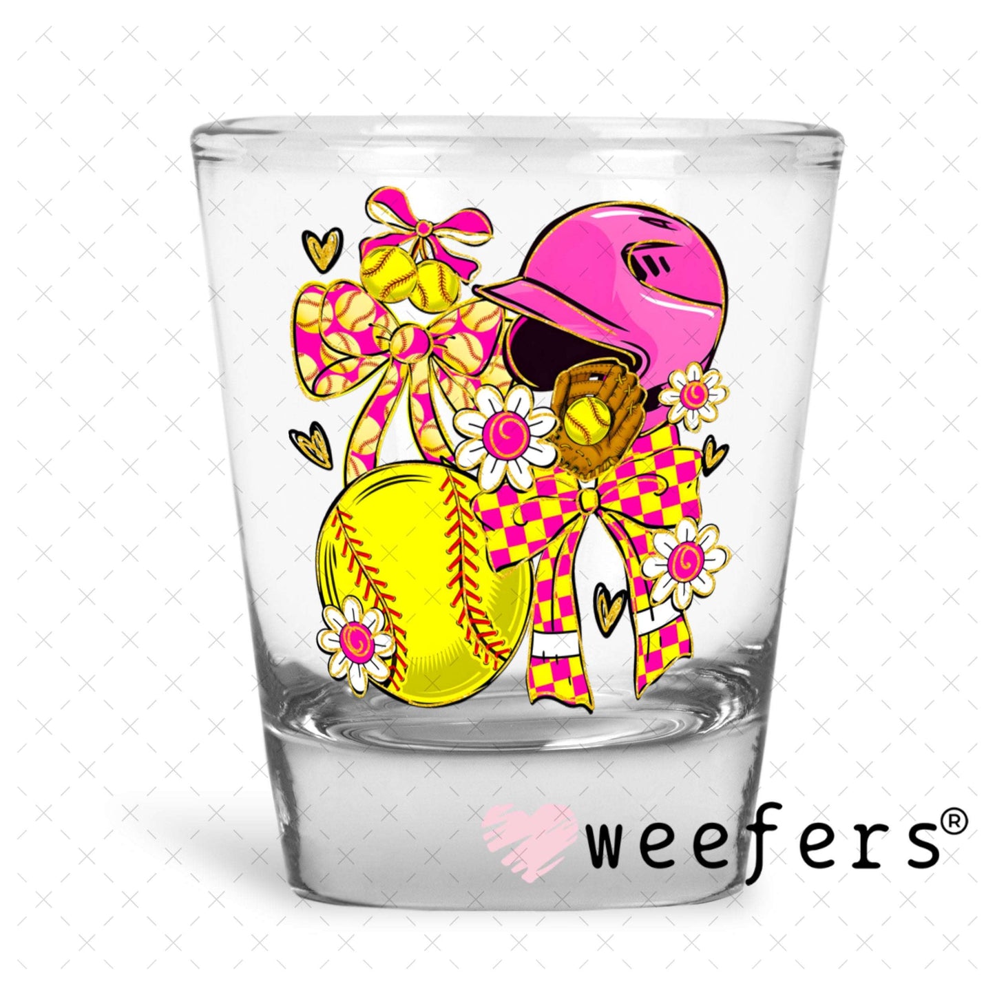 UV DTF Decal - Pink Yellow Sotfball Bows Shot Glass Heavy Base Weefers