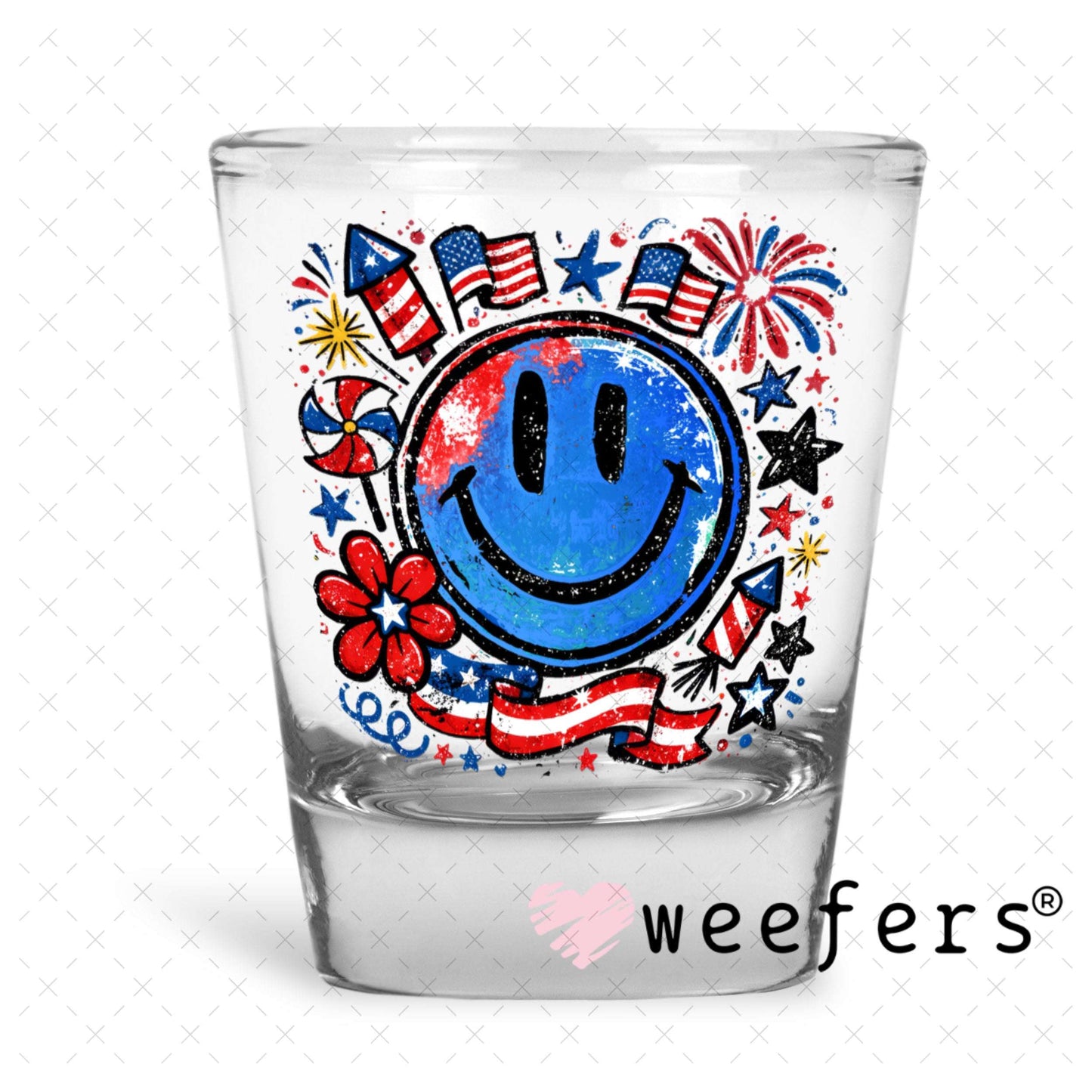UV DTF Decal - Happy Face 4th of July Shot Glass Heavy Base Weefers