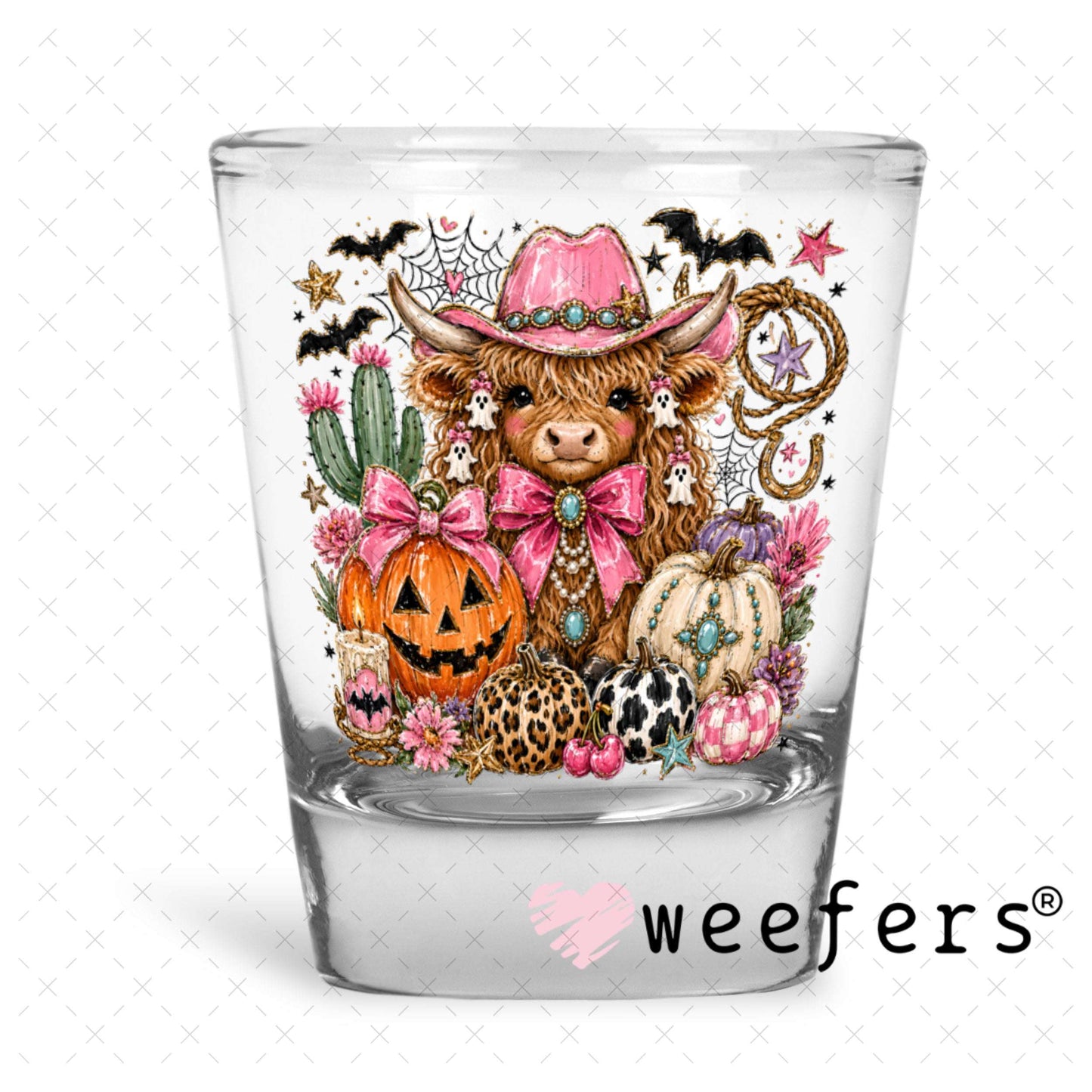 UV DTF Decal - Fall Pink Highland Cow Pumpkins Shot Glass Heavy Base Weefers