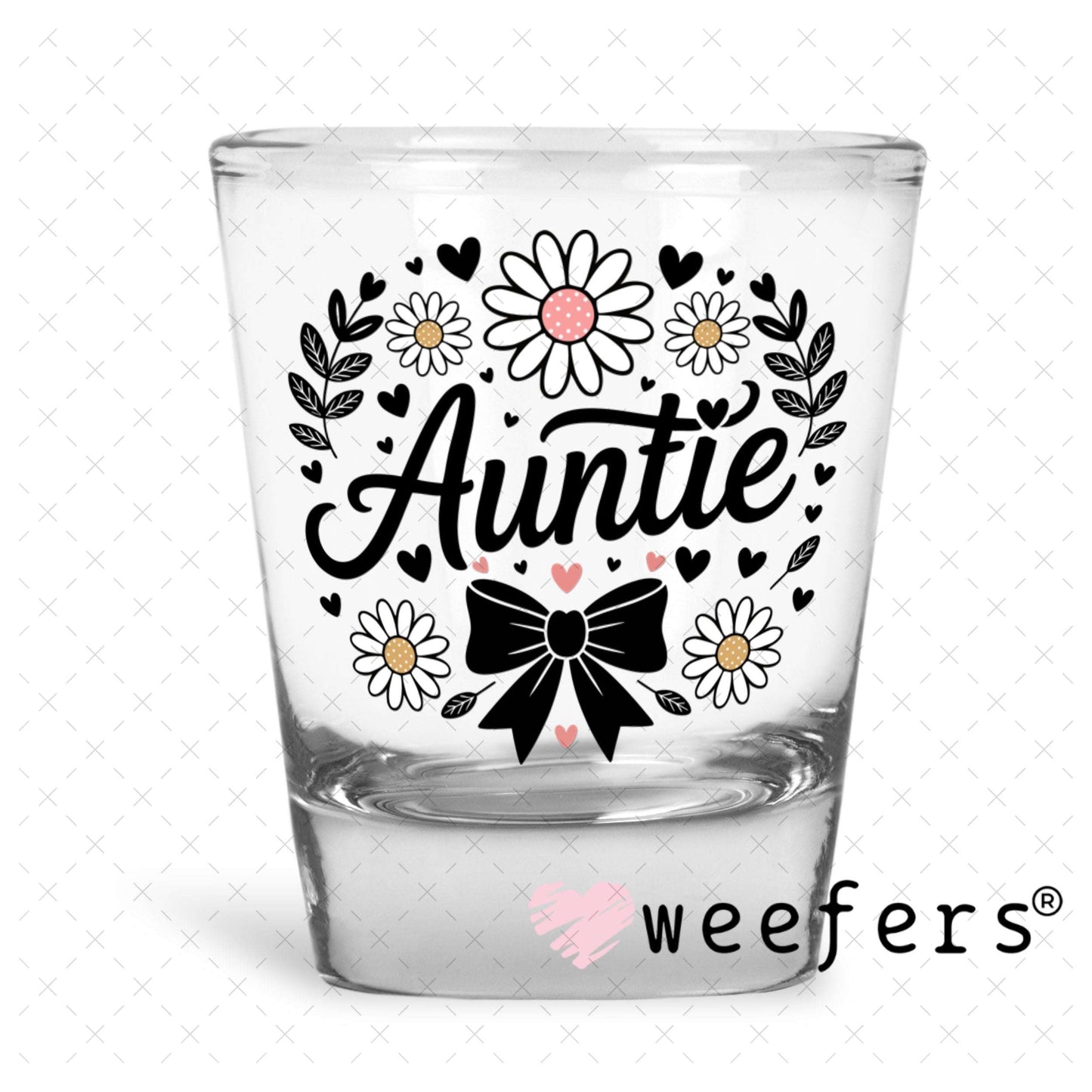 UV DTF Decal - Auntie Black Bow Shot Glass Heavy Base Weefers
