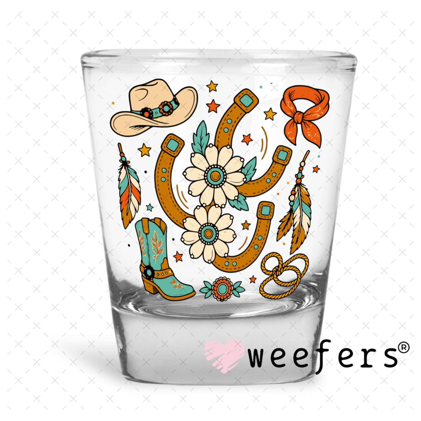 UV DTF Decal - Horseshoes and Cowboy Boots Shot Glass Heavy Base Weefers