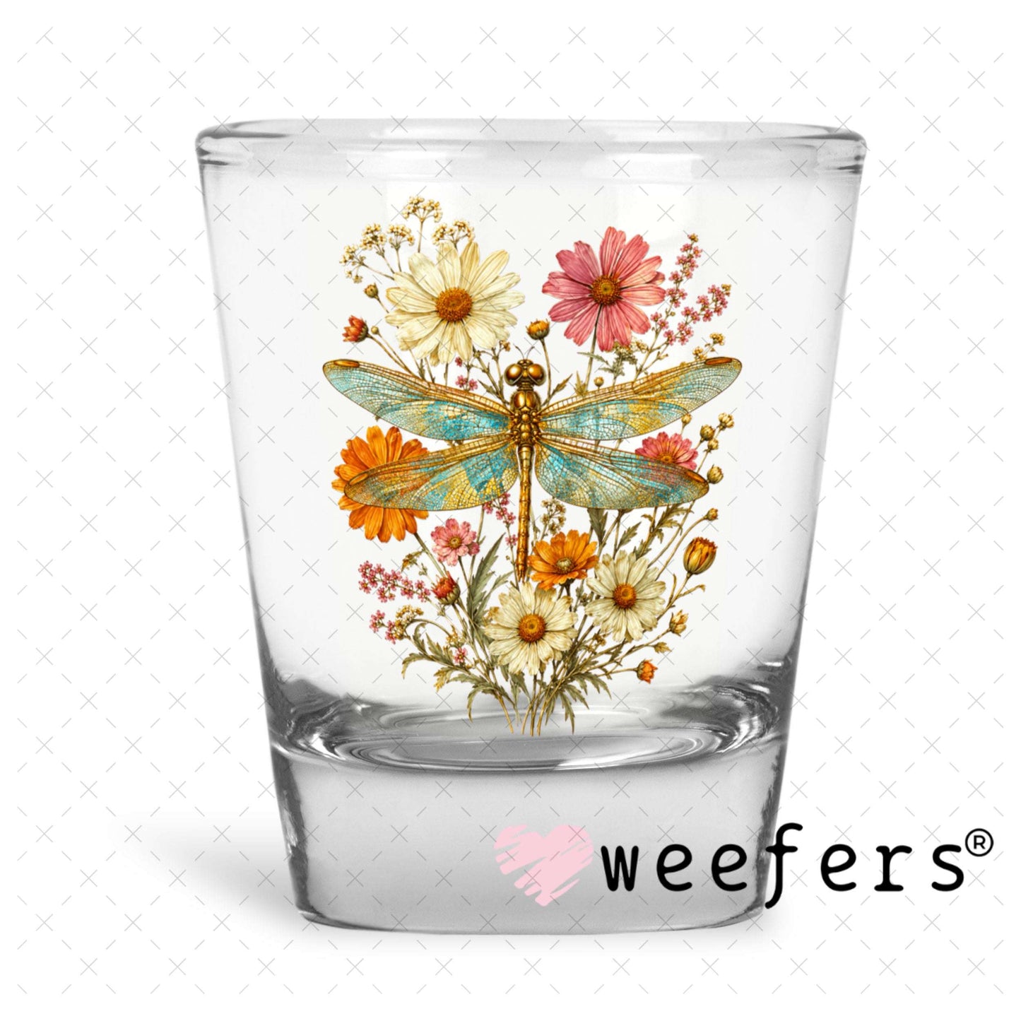 UV DTF Decal - Floral Dragon Fly Shot Glass Heavy Base Weefers