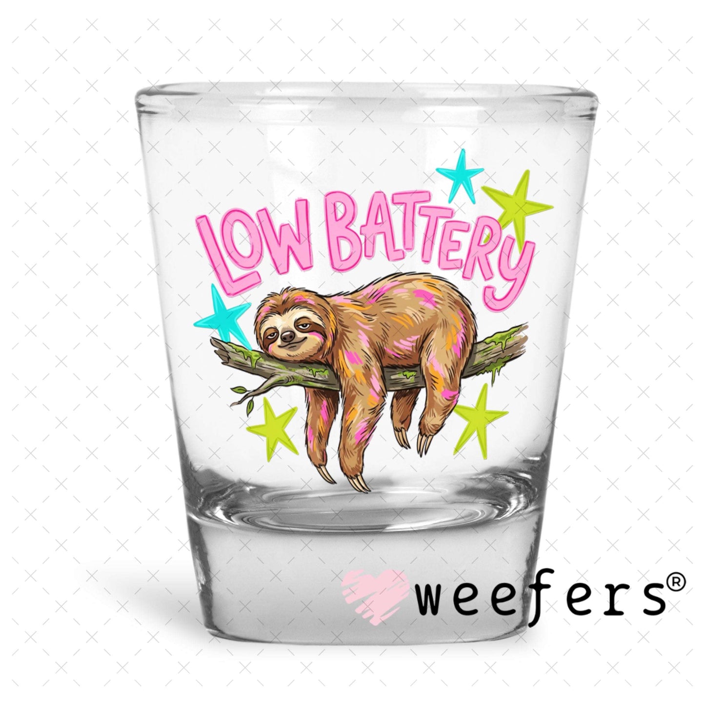 UV DTF Decal - Low Battery Sloth Shot Glass Heavy Base Weefers