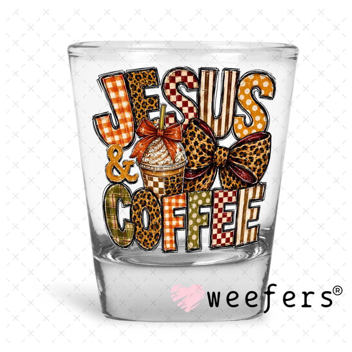 UV DTF Decal - Jesus and Coffee Fall Shot Glass Heavy Base Weefers