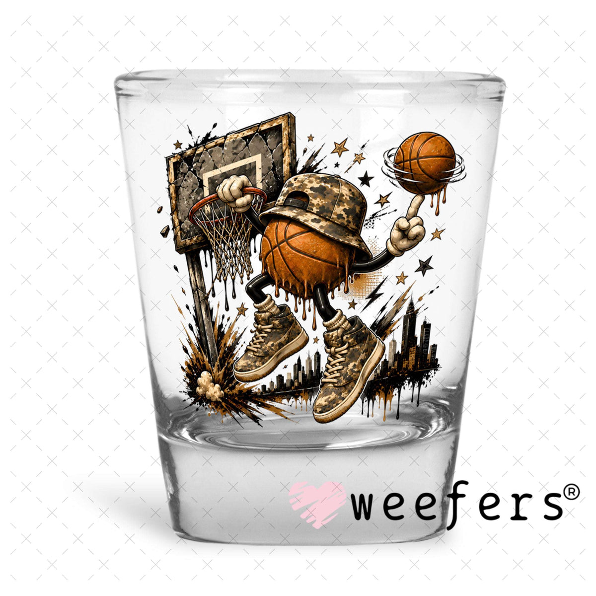 UV DTF Decal - Camo Basketball Dunk Shot Glass Heavy Base Weefers
