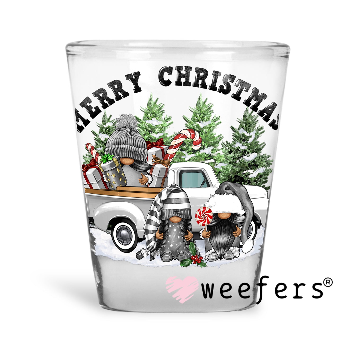 Merry Christmas Gnomes and Vintage Truck UV DTF Decal Shot Glass Heavy Base Weefers