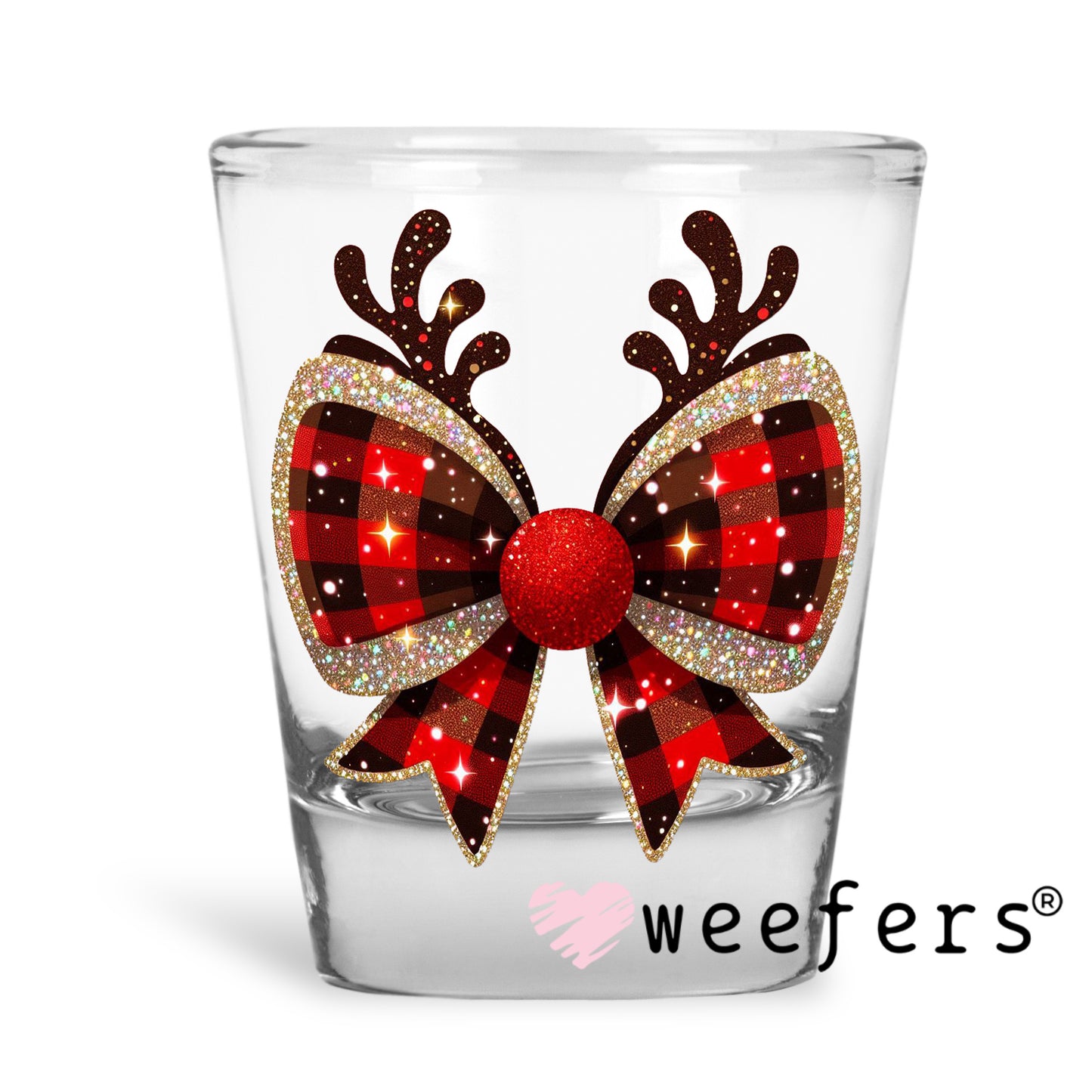 Coquette Reindeer Christmas Bow UV DTF Decal Shot Glass Heavy Base Weefers