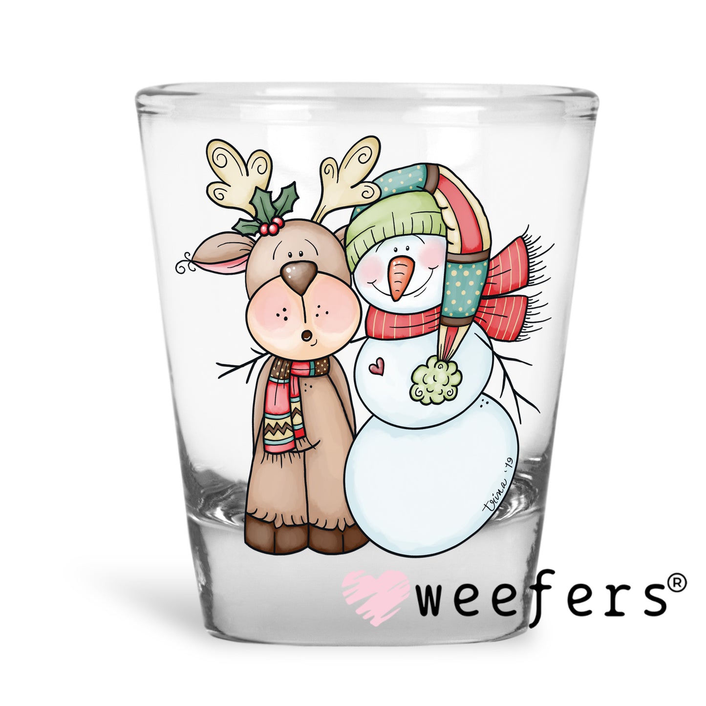 Old Time Christmas Reindeer and Snowman UV DTF Decal Shot Glass Heavy Base Weefers