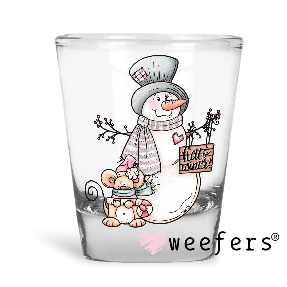 Old Time Hello Winter Christmas Snowman UV DTF Decal Shot Glass Heavy Base Weefers