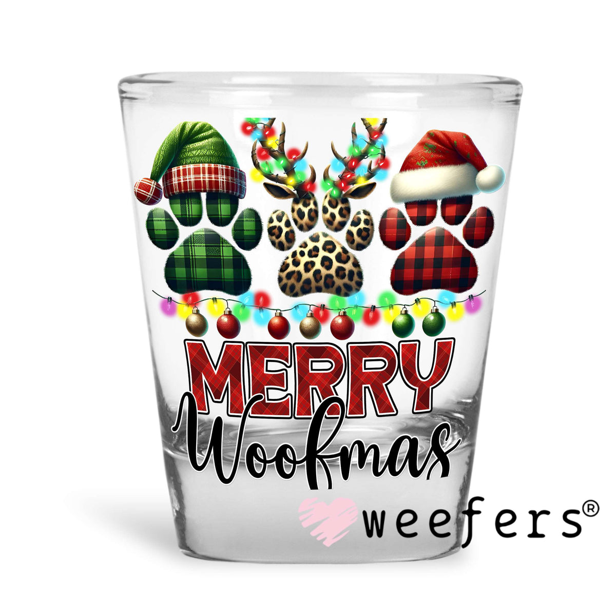Merry Woofmas Dog Paws UV DTF Decal Shot Glass Heavy Base Weefers