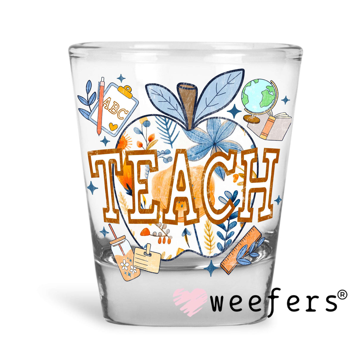 Teach Blue Apple UV DTF Decal Shot Glass Heavy Base Weefers