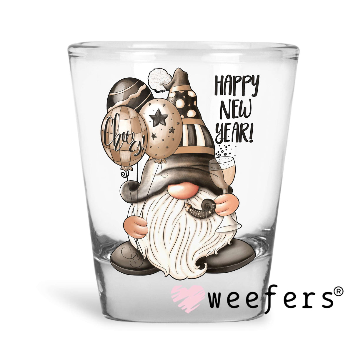 Happy New Year Gnome UV DTF Decal Shot Glass Heavy Base Weefers