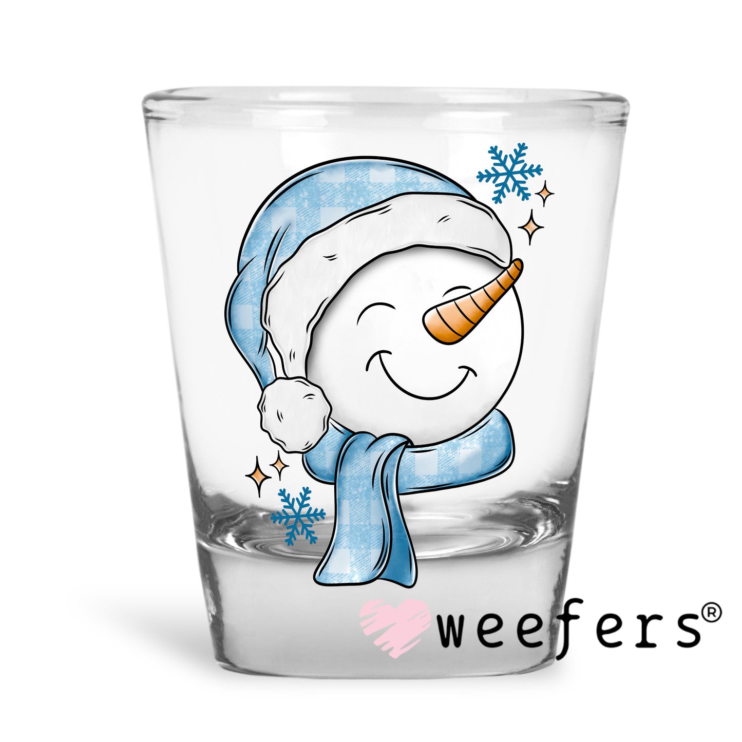 Happy Snowman Blue UV DTF Decal Shot Glass Heavy Base Weefers