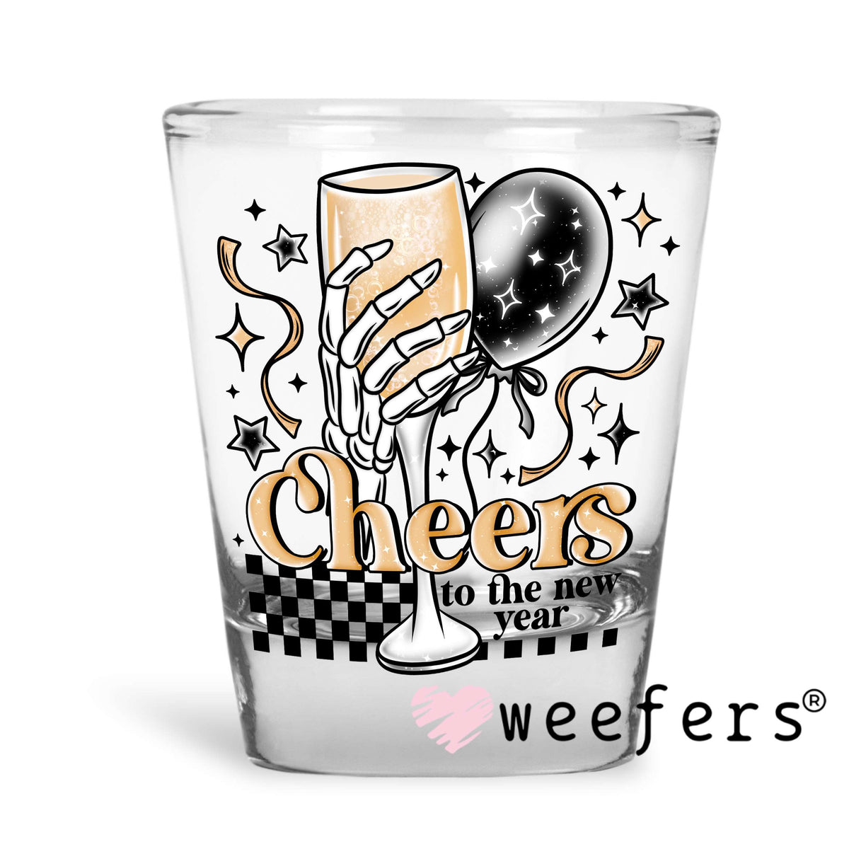 Cheers to the New Year Black Gold UV DTF Decal Shot Glass Heavy Base Weefers